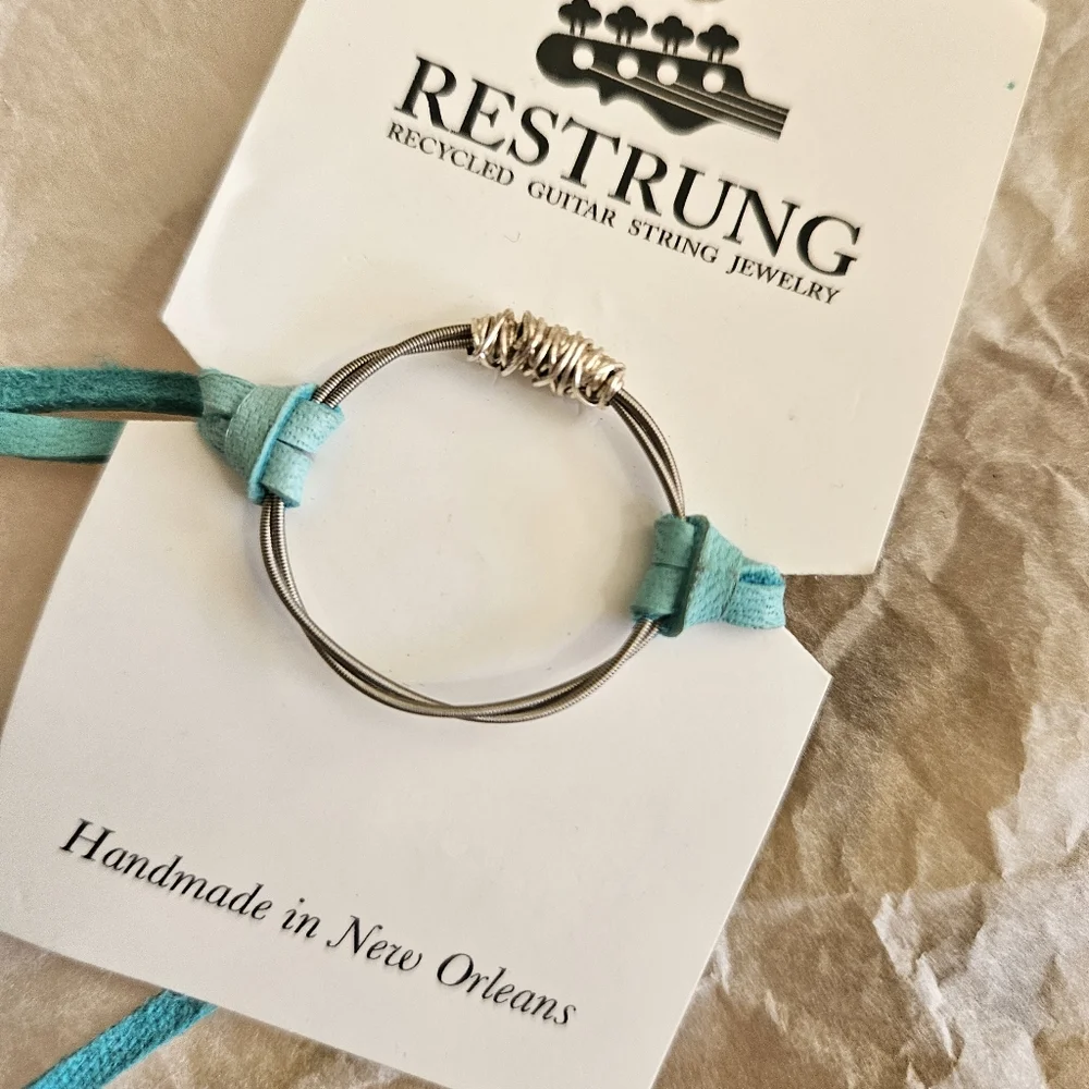 Restrung guitar string Silver necklace choker leather tie NEW